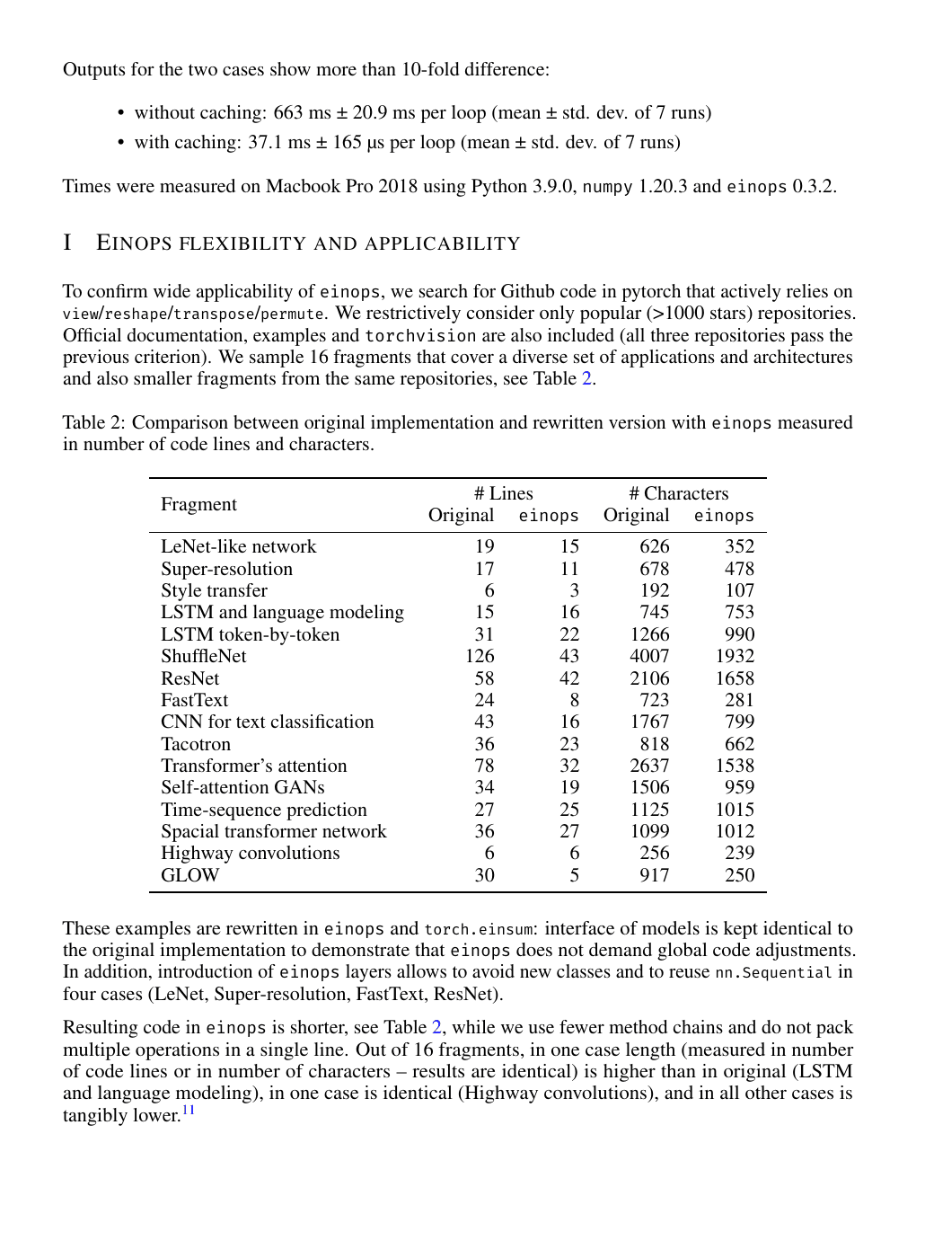 Einops caching and applicability study