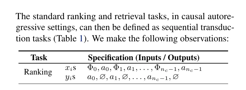 Table 1: Ranking 与 retrieval 作为 sequential transduction tasks